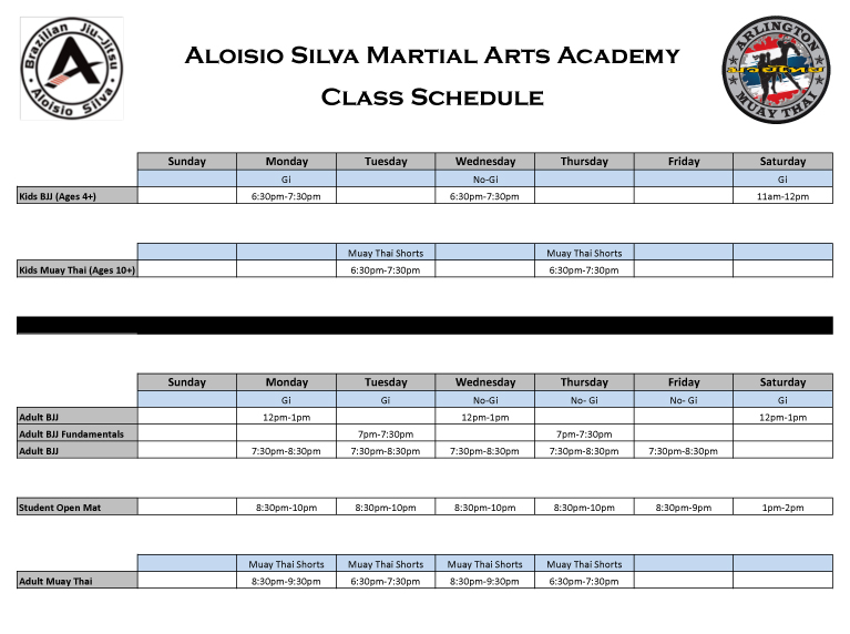 Martial Arts Class Schedule in Arlington, Texas